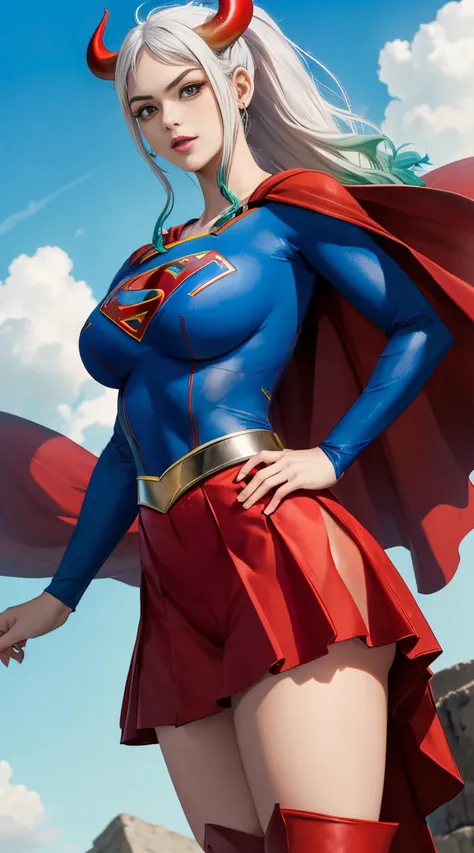 (melhor qualidade:1.3), supergirl, capa vermelha, s do super-homem no peito, blue swimsuit, red skirt, botas vermelhas, (demon g...