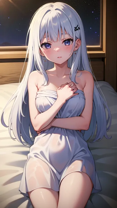 masterpiece, best quality, 1 solo girl, silver hair, purple eyes, wavy hair, long hair, medium breasts, mature body and face, white Greek tunic, jewelry, hair ornament, earrings, tatami, night sky, cowboy shots, sexy pose, dakimakura, detailed body, face, ...