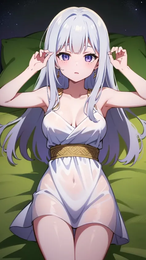 masterpiece, best quality, 1 solo girl, silver hair, purple eyes, wavy hair, long hair, medium breasts, mature body and face, white Greek tunic, jewelry, hair ornament, earrings, tatami, night sky, cowboy shots, sexy pose, dakimakura, detailed body, face, ...