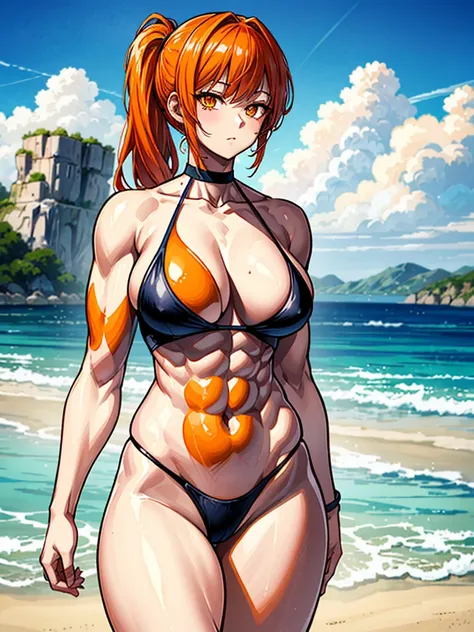 （（（masterpiece、Highest image quality、highest quality、highly detailed unity 8ｋwallpaper）））、（（Illustration of one girl））、（（（beautiful girl）））、（（orange hair、side ponytail、sidelocks：1.3、orange eyes））、（（（stocky build：1.2, thickset physique：1.3, muscular legs, b...