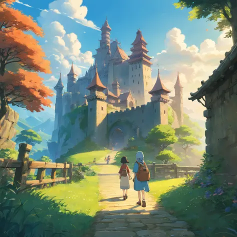 primitivist realism style、girl、Castle、exploring、ruined shrine、robot that doesn&#39;t move、Olympus irregular buildings、robot that doesn&#39;t move、light、Concept Art Inspired by Andreas Rocha、 Art Station Contest Winners、fantasy art、(Sky City)、runs、light シャフ...