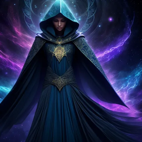 (best quality,4k,8k,highres,masterpiece:1.2),ultra-detailed,(realistic,photorealistic,photo-realistic:1.37),dark fantasy,hooded cloak,glimmering stars,mysterious aura,enchanted staff,glimpses of galaxies,cosmic patterns,magical sparks,mystical atmosphere,c...