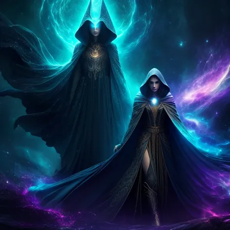 (best quality,4k,8k,highres,masterpiece:1.2),ultra-detailed,(realistic,photorealistic,photo-realistic:1.37),dark fantasy,hooded cloak,glimmering stars,mysterious aura,enchanted staff,glimpses of galaxies,cosmic patterns,magical sparks,mystical atmosphere,c...