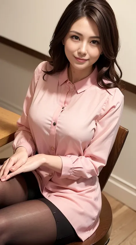 ((highest quality、8K、masterpiece:1.3)), full body esbian, mature woman, long legs, sharp focus:1.2, beautiful woman with perfect figure:1.4, thin abs:1.1, The background is an office, ((dark brown hair、wavy long hair、burst chest:1.2)), (Pale pink collared ...