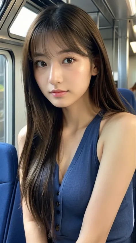 (((muste piece,It&#39;s photorealistic))), (((8K,best quality: 1.4))), ((super detail: 1.4)) , Beautiful woman,Japanese,25 years old,inside the train,Ultra-detailed facial features, expressive face, detailed texture, Natural Skin Shader, Full body,ultra hi...