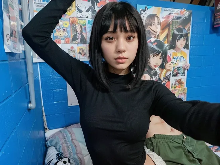 arafed woman in black shirt and black pants posing for a picture, she has black hair with bangs, black hime cut hair, anime girl in real life, the hime cut, with short hair, 1 7 - year - old anime goth girl, with bangs, anime thai girl, with full bangs, an...