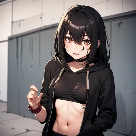 (mature female, women, 15 year old, small breasts, upper body, long black messy hair,death starr, brown eyes :1.1), ,, scary bloody background, wearing a black plain hoodie and black short shorts and cuts on wrist, in a strange basement with red smeared on...