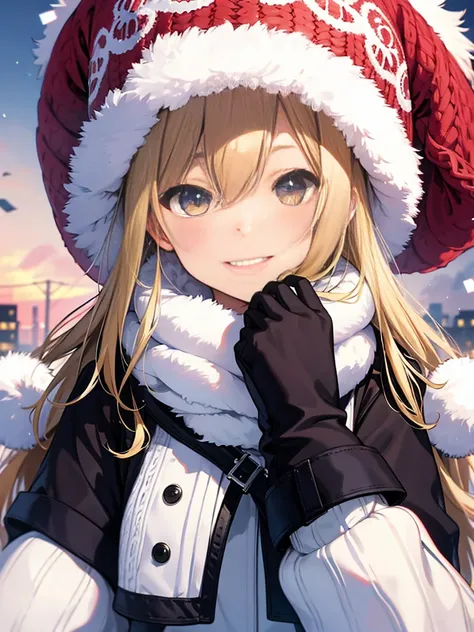 1 girl、cute、blonde、wave、long hair、Knitted hats、gloves、white breath、face close up、smile、Winter clothes、Warm clothes、smile、１４age、