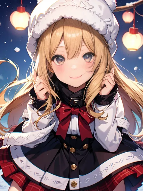 1 girl、cute、blonde、wavy hair、long hair、medium bob、Knitted hats、ribbon、gloves、white breath、face close up、smile、Winter clothes、Warm clothes、smile、１４age、little girl、