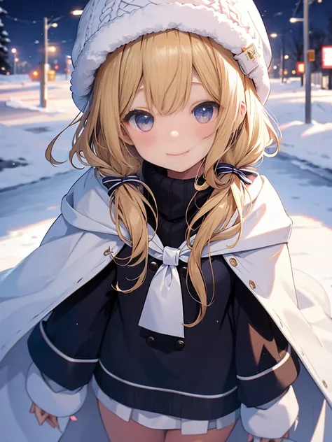 1 girl、cute、blonde、wavy hair、long hair、medium bob、Knitted hats、ribbon、gloves、white breath、face close up、はにかんだsmile、Winter clothes、Warm clothes、smile、１４age、little girl、white breath、Breathe on your hands、white muffler、Idol、cape、robe、