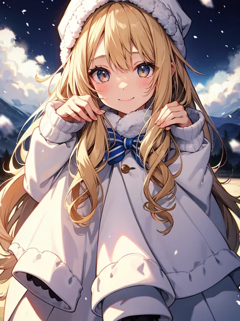 1 girl、cute、blonde、wavy hair、long hair、medium bob、Knitted hats、ribbon、gloves、white breath、face close up、はにかんだsmile、Winter clothes、Warm clothes、smile、１４age、little girl、white breath、Breathe on your hands、white muffler、Idol、cape、robe、It&#39;s snowing、