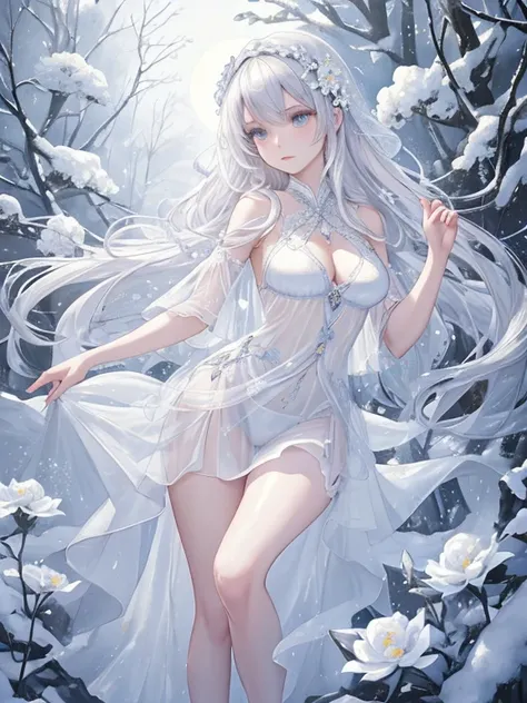 Paradise in Heaven, White lighting,(muste piece), (best quality), (cinematic), 8K, (art station), Li Yue painting style.(長いwhite hairとSilvery eyesを持つ1人の女), (beautiful delicate face)、[ Particle Lou Full Moon] [Frozen trees々] [landscape crystal] [great writi...