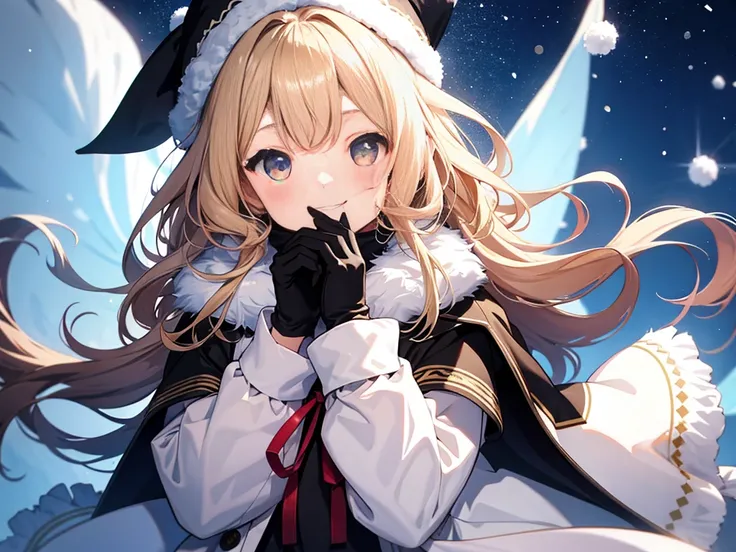 1 girl、cute、blonde、wavy hair、long hair、medium bob、Knitted hats、ribbon、gloves、white breath、face close up、はにかんだsmile、Winter clothes、Warm clothes、smile、１４age、little girl、white breath、Breathe on your hands、white muffler、Idol、cape、robe、It&#39;s snowing、