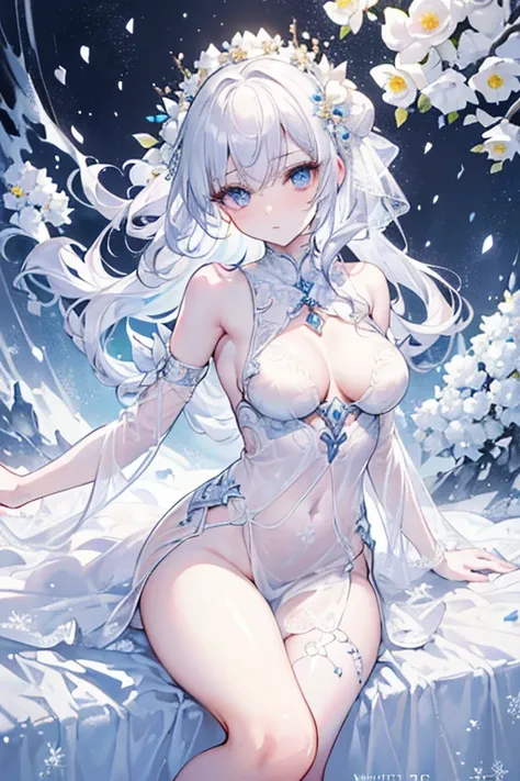 (Paradise in Heaven, White lighting,(muste piece), (best quality), (cinematic), 8K, (art station), Li Yue painting style.(長いwhite hairとSilvery eyesを持つ1人の女), (beautiful delicate face)、[ Particle Lou Full Moon] [Frozen trees々] [landscape crystal] [great writ...