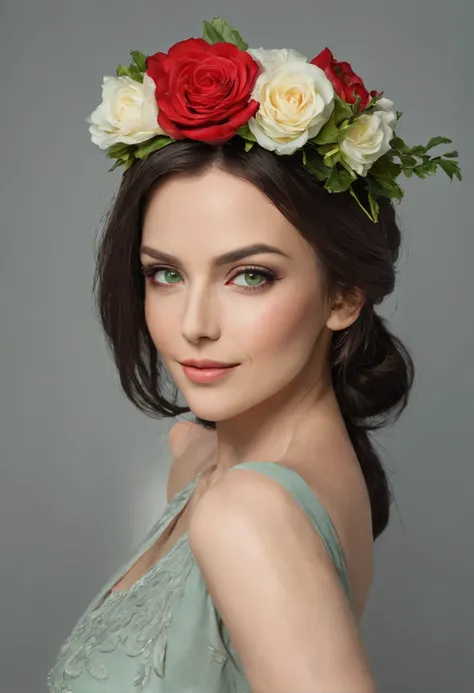 Beautiful woman 40 years old, dark straight hair of medium length, gray-green eyes, a wreath of roses on her head, average height, happy smile. UHD, best quality, 16k, anatomically correct, textured skin, super detail