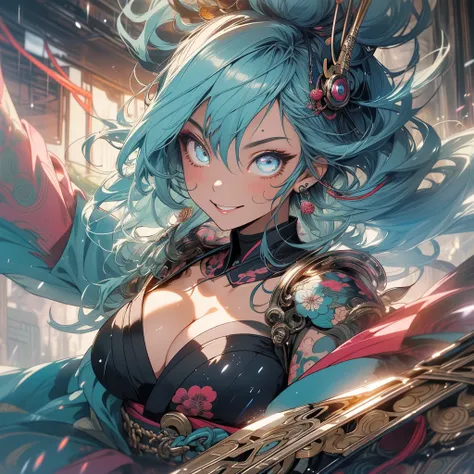 (((highest quality))),(((detailed eyes))),(((32k))),(1 girl),flashyな色の髪,(tattoo),cyber punk,kimono,((Luxurious and gorgeous)),Shiny skin,earrings,flashy,((Super beautiful woman)),(perfect face),Japanese sword,ultimate texture,official art,Ukiyo-e,((stylish...