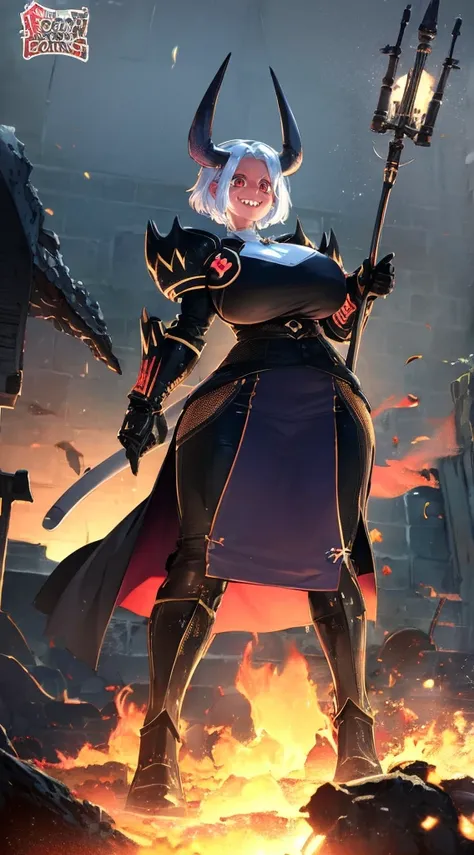 nun, demon girl, walking, , warpriesstes, silver hair, short hair, sacred gauntlets, long ski, cute smile, pure smile, love smile,,veillong skirt, pantyhose, staff holding, armor, gloves, standing, full body,sharpteeth,standing, full body, happy, joyfull, ...