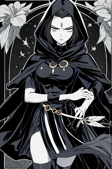 manga style, raven looking at viewer, black hair, black background, belt, hood and cape, influenced by japanese art movement, se...