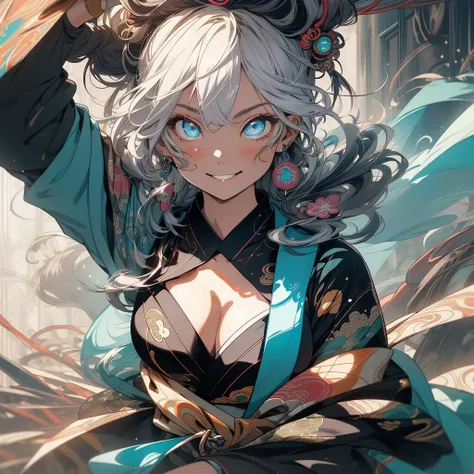 (((highest quality))),(((detailed eyes))),(((32k))),(1 girl),flashyな色の髪,(tattoo),cyber punk,kimono,((Luxurious and gorgeous)),Shiny skin,earrings,flashy,((Super beautiful woman)),(perfect face),Japanese sword,ultimate texture,official art,Ukiyo-e,((stylish...