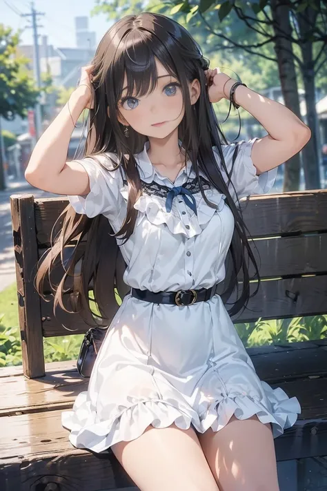 masterpiece++, best quality++, ultra-detailed+, extremely detailed++, 4K, 8K+, best quality, beautiful+, anime style,1person,full body image,summer,park,white simple lacefrill mimi slipdress,leather belt,beautiful straight darkbrown hair,beautiful blue eye...