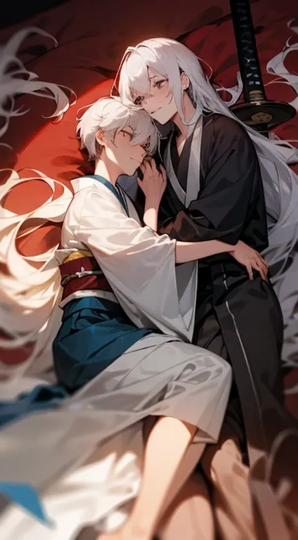 Three men，Embrace，Two long hairs，A short haircut，lying down，long white hair，kimono，Samurai sword，，Blood