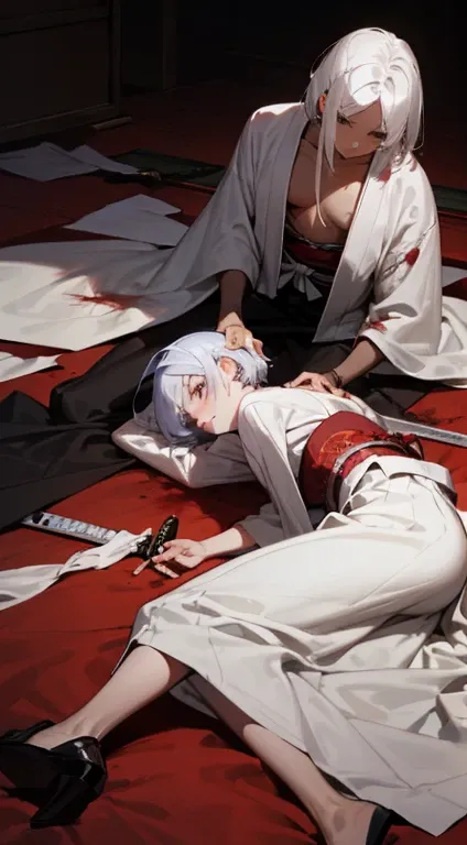 Three men，Embrace，Two long hairs，A short haircut，lying down，long white hair，kimono，Samurai sword，Blood，deathia