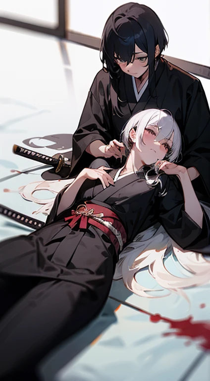 Three men，Embrace，Two long hairs，A short haircut，lying down，long white hair，kimono，Samurai sword，Blood，deathia