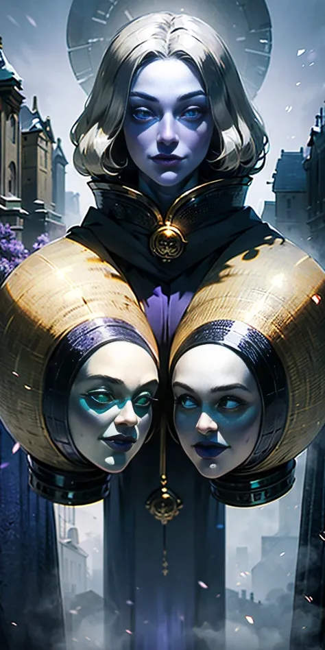 (Triplets)(chest covered)(smile)Gray skin, pale golden hair and violet eyes. They prefer clothing of white and silver with cloaks of deep blue or purple,village background, huge_knockers, ((very precise detailed)), ((highres)
