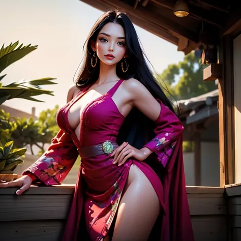 (highres,masterpiece:1.2),Boa Hancock with seductive eyes and luscious lips,gorgeous woman standing on a tropical beach, cowboy stand position, mesmerizing curves,HDR,ultra-detailed,flowing black hair cascading down her back,perfectly sculpted features,viv...