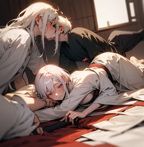 Three men，Embrace，Two long hairs，A short haircut，lying down，long white hair，kimono，Samurai sword，Blood，deathia，kiss