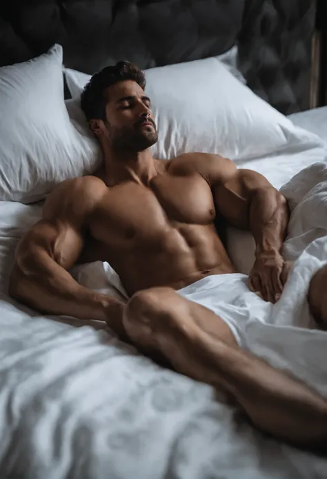 Man lying sleepily on comfortable bed covered with sheets. Your body is relaxed and laid out on the bed. Ele usa apenas uma cueca preta. muscles a shows 