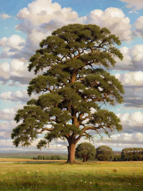 big oak in the middle of grassy field, huge cumulus clouds in the sky, warm weather, nice landscape with proportions and masterfull composition