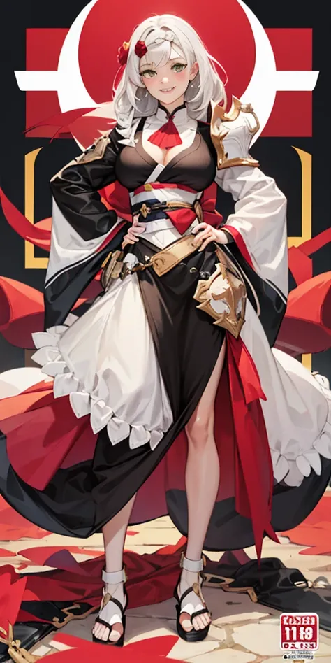 Female, standing, straight, long_hair, messy_hair, white_hair, kimono with armor, metal sandals, pink theme, big breast but cover, hands to hip, Body position: Standing, straight, symmetrical, barefoot, Lustful smile on face with red blush, 
