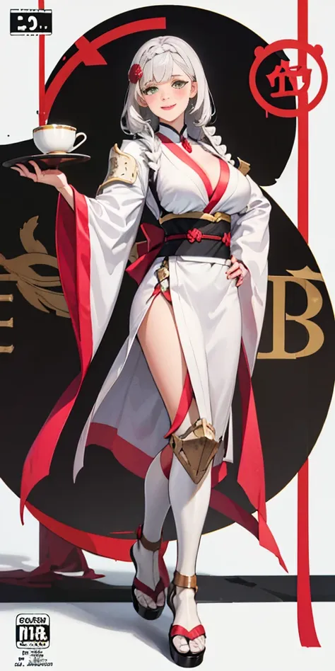 Female, standing, straight, long_hair, messy_hair, white_hair, kimono with armor, metal sandals, pink theme, big breast but cover, hands to hip, Body position: Standing, straight, symmetrical, barefoot, Lustful smile on face with red blush, 
