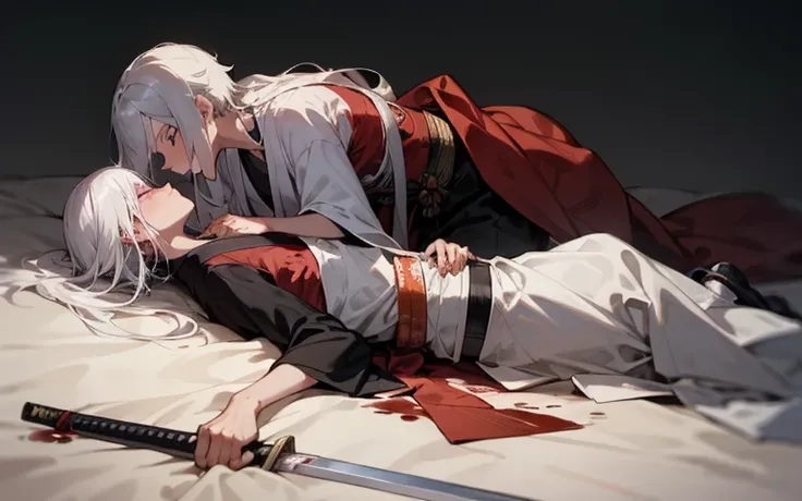 Three men，Embrace，Two long hairs，A short haircut，lying down，long white hair，kimono，Samurai sword，Blood，deathia，kiss