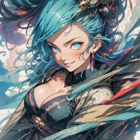 (((highest quality))),(((fine eyes))),(((32K))),(1 girl),Flashyな色の髪,(tattoo),cyber punk,kimono,((luxurious and gorgeous)),shiny skin,earrings,Flashy,((Super beautiful)),(perfect face),Japanese sword,ultimate texture,official art,ukiyo-e,((stylish)),photogr...