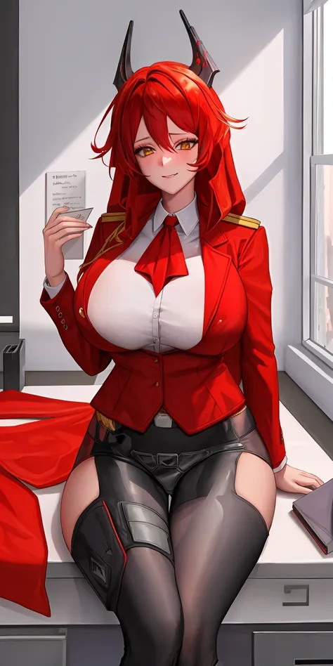 Red_Hood (Nikke), Military uniform, (Big breast, Detailed retina, Red hair, messy long hair), 4k, winning award, cyber horn, high rank officer, sitting in the office, looking to the viewer