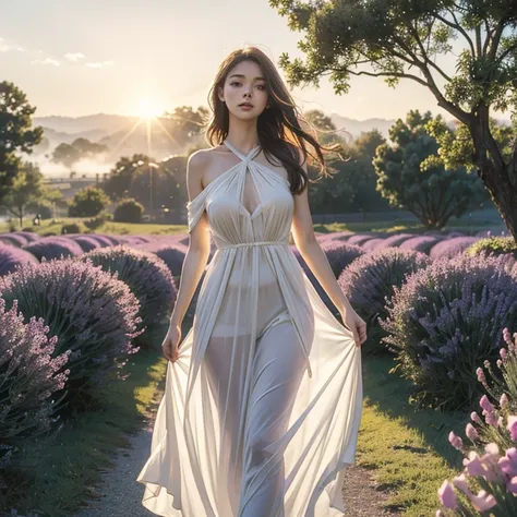 
(masterpiece, high resolution, gentle and beautiful:1.2), stunning young woman, (big open full breasts), (graceful and leisurely walk:1.1), (transparent clothes:1.2), surrounded by the tranquil atmosphere of lavender fields, ( gentle morning light:1.2) , ...