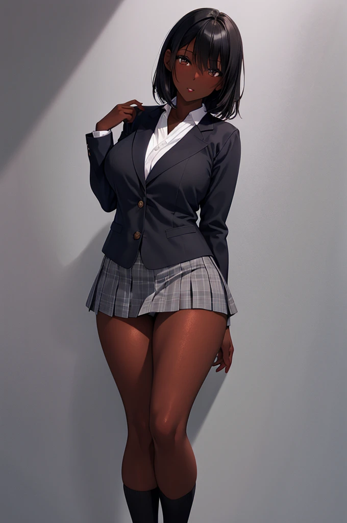 (8k ultra HD quality, best quality, 1 woman, alone, dark-skinned woman, black hair, dark skin, big breasts, sexy, Japanese school costume, portrait, black knee-high socks, sexy student, parted lips, dark eyes , looking at viewer, japan background, huge bre...