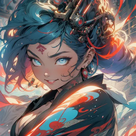 (((highest quality))),(((fine eyes))),(((32K))),(1 girl),Fancy red hair,(tattoo),cyber punk,kimono,((luxurious and gorgeous)),shiny skin,earrings,Flashy,((Super beautiful)),(perfect face),Japanese sword,ultimate texture,official art,Ukiyo-e,((stylish)),pho...