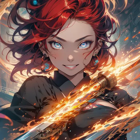 (((highest quality))),(((fine eyes))),(((32K))),(1 girl),Red hair,(tattoo),cyber punk,kimono,((luxurious and gorgeous)),shiny skin,earrings,Flashy,((Super beautiful)),(perfect face),Japanese sword,ultimate texture,official art,Ukiyo-e,((stylish)),photograp...