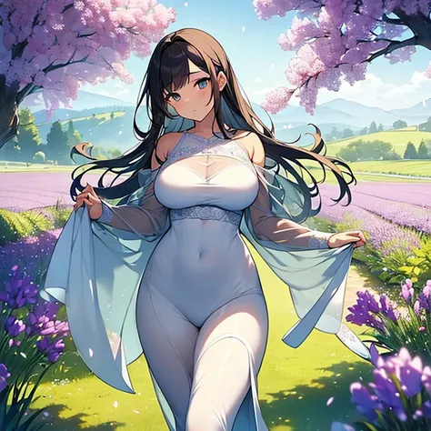 (masterpiece, high resolution, gentle and beautiful:1.2), stunning young woman, (big round full breasts), (graceful and leisurely walk:1.1), (transparent clothes:1.2), surrounded by the tranquil atmosphere of lavender fields, ( gentle morning light:1.2) , ...