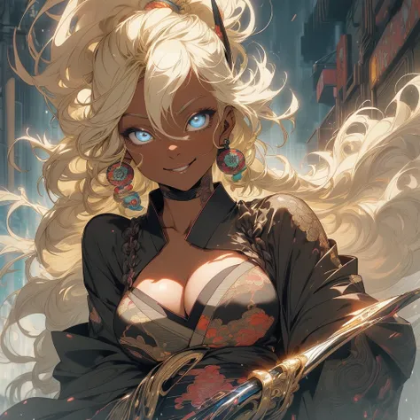 (((highest quality))),(((fine eyes))),(((32K))),(1 dark skinned girl),Fancy blonde,(tattoo),cyber punk,kimono,((luxurious and gorgeous)),shiny skin,earrings,Flashy,((Super beautiful)),(perfect face),Japanese sword,ultimate texture,official art,Ukiyo-e,((st...