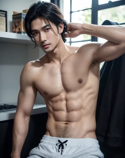 ((High quality)), ((masterpiece)), ((highly detailed)), perfect face, semi-realistic, ((man)), ((indonesian)), black hair, comma hair style, ((shirtless)), street, ((handsome)), detailed eyes, beautiful detailed nose, realistic body, realistic light, comfo...