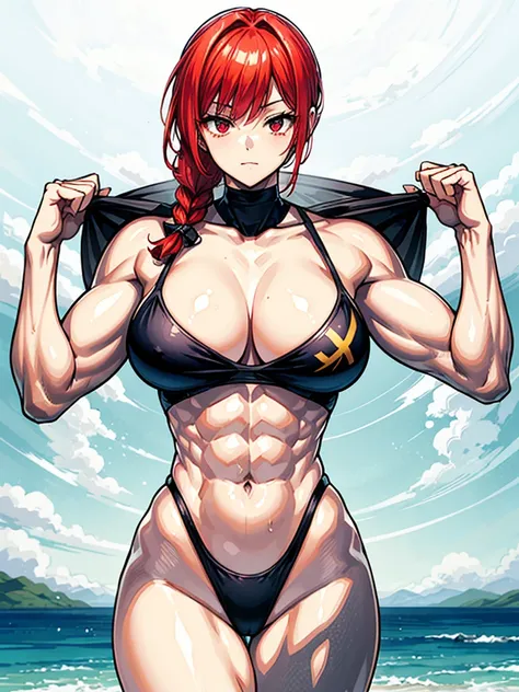 （（（masterpiece、Highest image quality、highest quality、highly detailed unity 8ｋwallpaper）））、（（Illustration of one girl））、（（（beautiful girl）））、（（red hair、Braid、sidelocks：1.2、red eyes））、（（（stocky build：1.2, thickset physique：1.3, muscular legs, broad shoulders...