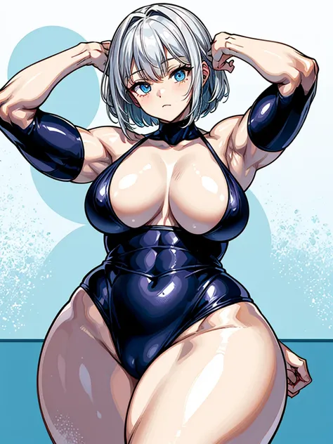 （（（masterpiece、Highest image quality、highest quality、highly detailed unity 8ｋwallpaper）））、（（Illustration of one girl））、（（（beautiful girl）））、（（white hair、short hair、crew cut：1.2、light blue eyes））、（（（stocky build, thickset physique, muscular legs, broad shou...