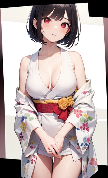 (((masterpiece))), 1 girl, alone, looking at the viewer, shortcut, black hair,red eyes, cleavage, medium breasts, closed mouth, clavicle, Revealing clothing,kimono,hakama,thighs,side boob,swordsman,露出したthighs,White Doshi,Two-dimensional beautiful girl,cool...