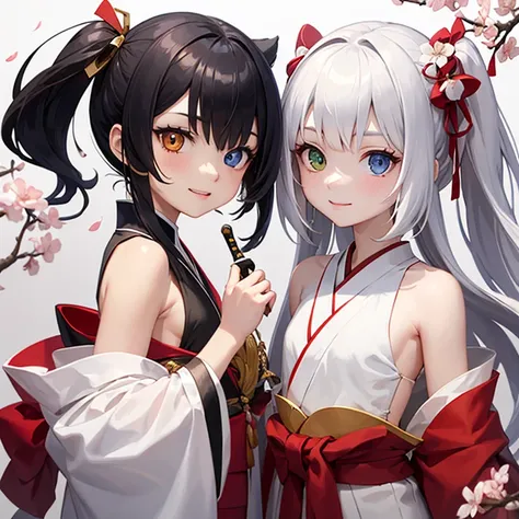 Himecut, Black long hair, Red ribbon sprained on both sides, Holding a long sword, big eyes, perfect face, 18-year-old female, White kimono with bare shoulders, cherry blossom background, small waist, heterochromia eyes, smiley face