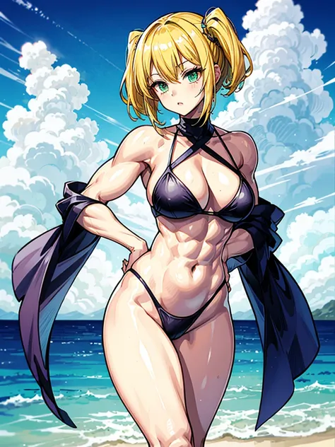 （（（masterpiece、Highest image quality、highest quality、highly detailed unity 8ｋwallpaper）））、（（Illustration of one girl））、（（（beautiful girl、cool）））、（（blonde、pixie cut：1.2、two side up、sidelocks、green eyes））、（（（tall：1.3、stocky build, thickset physique：1.3, musc...