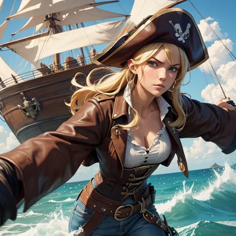 Produce an illustration of a daring buccaneering pirate of approximately 35 years old in anime style. She sports flowing blonde hair, wears an imposing pirate hat and holds typical pirate weapons in both hands. Destaque a personalidade destemida da persona...